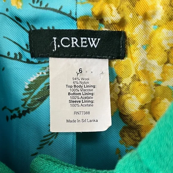 J.Crew wool classic coat, emerald green, turquoise and gold floral lining size 6 - Picture 7 of 10
